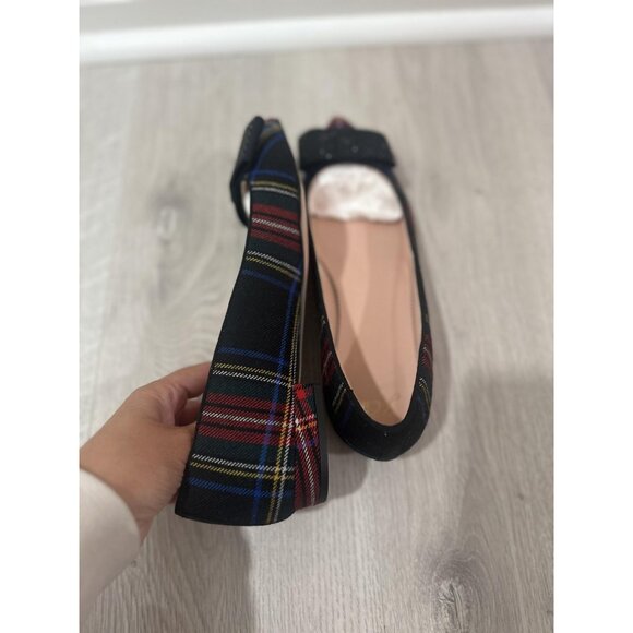 J Crew Pointed Toe Flats Womens Sz 9.5 Black Tartan Plaid Rhinestone Bow Preppy - Picture 6 of 9